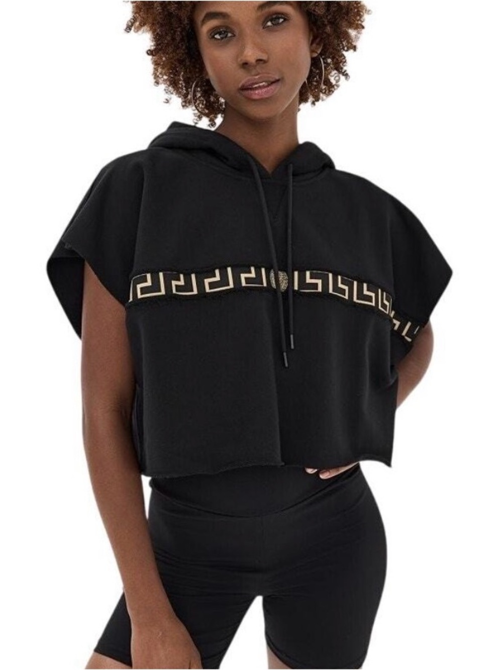 Versace Black Crop Hoodie with Gold Greek Key Trim
